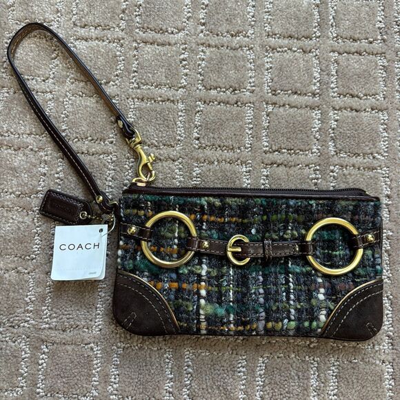 Coach Alpaca Wool Tweed Silk Wristlet Clutch Wallet Brown Suede Trim Y2K NWT - Picture 1 of 9